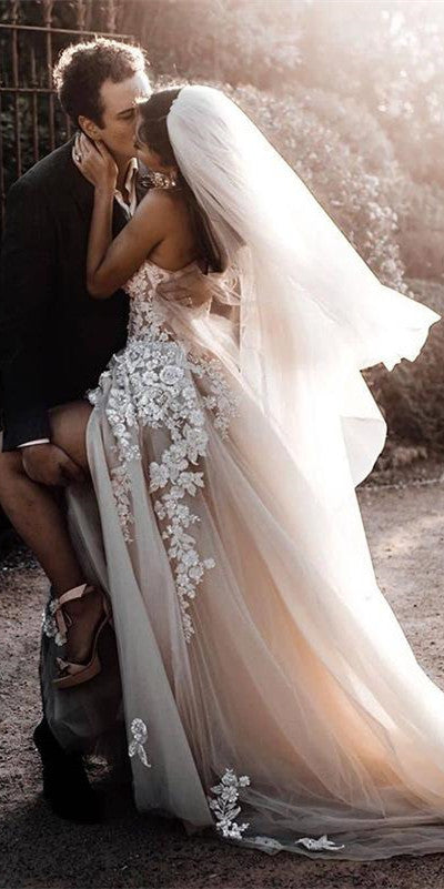 Sweetheart Long A-line Lace Tulle Prom Dresses, Side Slit Romantic Wed ClaireBridal Sweetheart Long A-line Lace Tulle Prom Dresses, Side Slit Romantic Wed ClaireBridal
