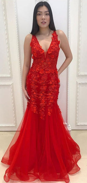 Mermaid Red Lace Floral Prom Dress, V-neck Lace Long 2021 Prom Dresses
