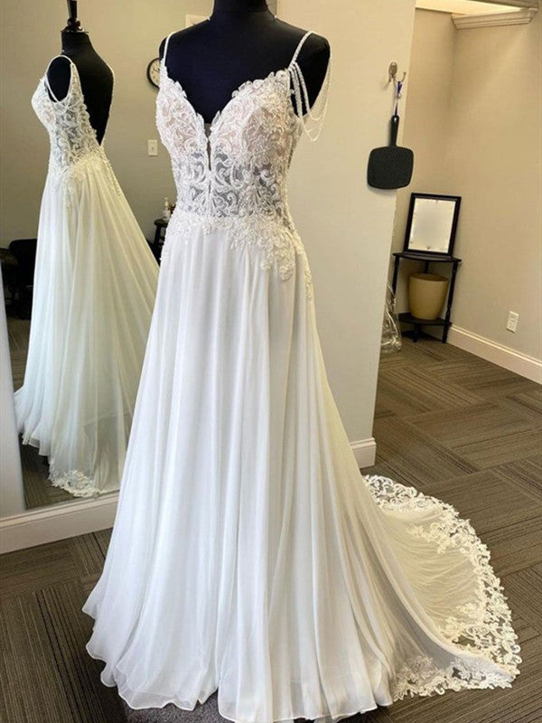V Back White Formal Lace Long Prom Dress, A-line Popular Wedding Dresses, 2021 Prom Dresses