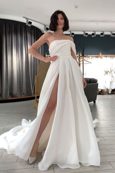 One Shoulder A-line Ivory Organza Prom Dresses, Simple Wedding Dresses, Side Slit Prom Dresses, Long Prom Dresses