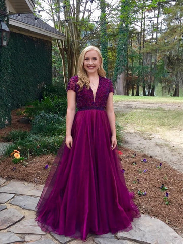 Short Sleeves Prom Dresses, Beaded Prom Dresses, A-line Prom Dresses, Purple Prom Dresses, 2021 Prom Dresses
