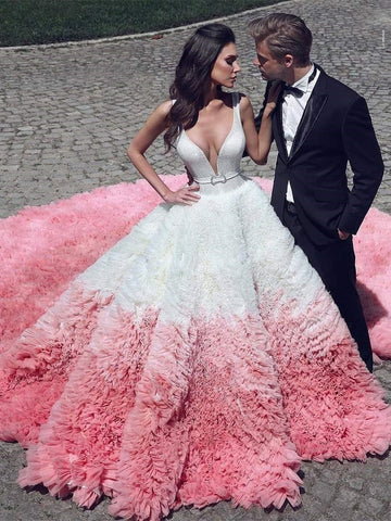 Deep V-neck Long A-line Layers Tulle Wedding Gown, Luxury Bridal Gown, Special Wedding Gown