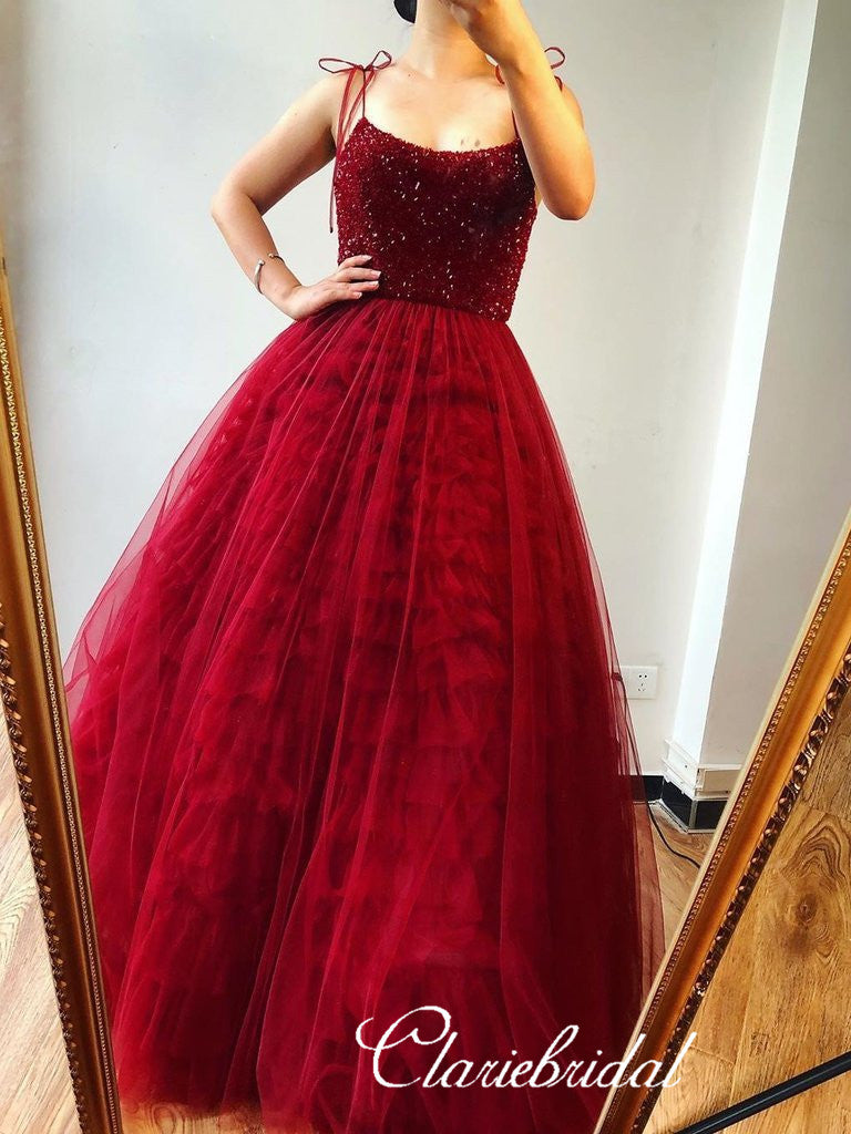 Red Long Prom Dresses, A-line Prom Dresses, Beaded Tulle Prom Dresses, 2020 Prom Dresses