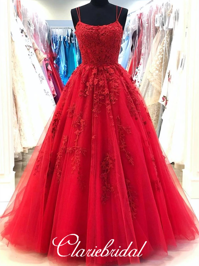 Round Neck Red Lace Tulle Prom Dresses, Lace Up Prom Dresses, Popular 2020 Prom Dresses
