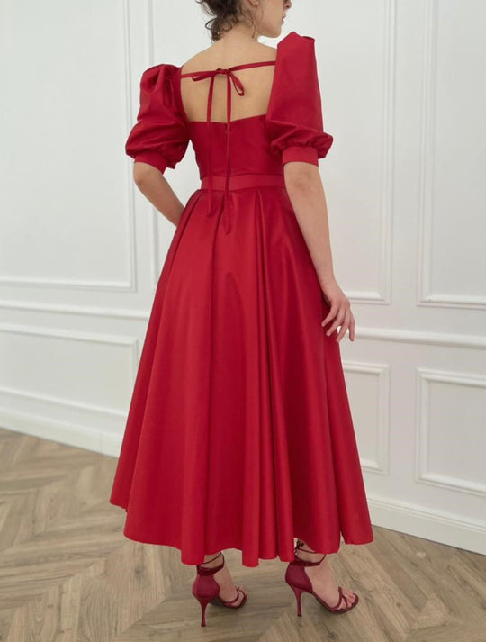 Buuble Sleeve Red Satin Prom Dresses, Front Slit Prom Dresses, Elegant –  ClaireBridal