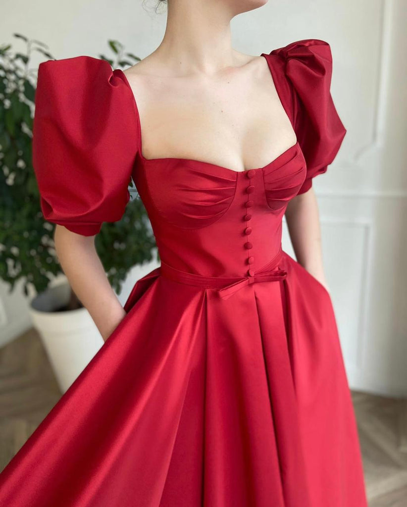 Buuble Sleeve Red Satin Prom Dresses, Front Slit Prom Dresses, Elegant ClaireBridal Buuble Sleeve Red Satin Prom Dresses, Front Slit Prom Dresses, Elegant ClaireBridal