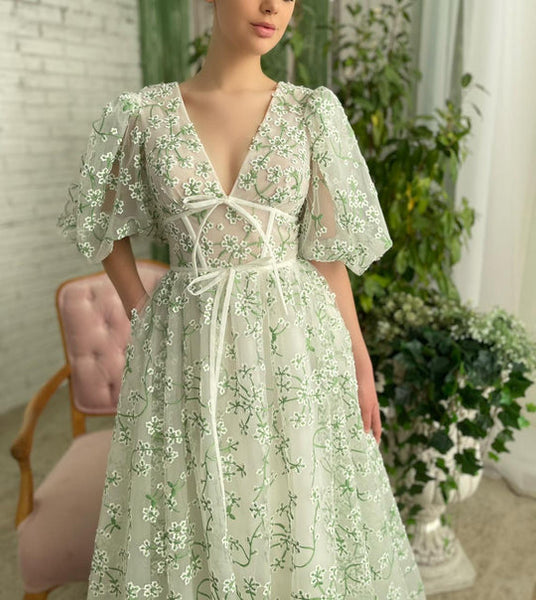 V-neck Puff Sleeves Long A-line Prom Dresses, Lovely Princess Prom Dresses, 2022 Prom Dresses, Newest Prom Dresses