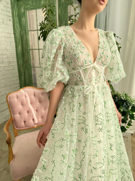 V-neck Puff Sleeves Long A-line Prom Dresses, Lovely Princess Prom Dresses, 2022 Prom Dresses, Newest Prom Dresses