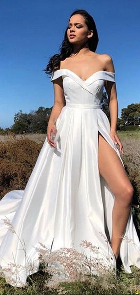 Off Shoulder Ivory Satin Prom Dresses, Long Simple Prom Dresses, 2020 Prom Dresses