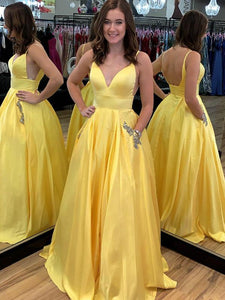 Strapes V-neck Yellow Satin Beaded Long Prom Dresses