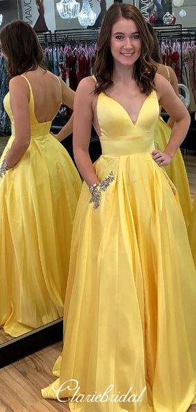 Strapes V-neck Yellow Satin Beaded Long Prom Dresses