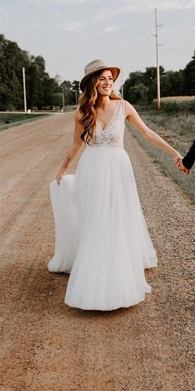 Simple V-neck Long A-line Lace Tulle Wedding Dresses, Country Wedding –  ClaireBridal