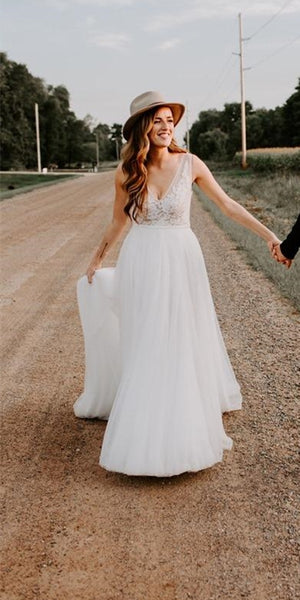 Simple V-neck Long A-line Lace Tulle Wedding Dresses, Country Wedding Dresses, Long Wedding Dresses