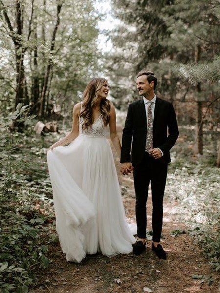 Simple V-neck Long A-line Lace Tulle Wedding Dresses, Country Wedding Dresses, Long Wedding Dresses