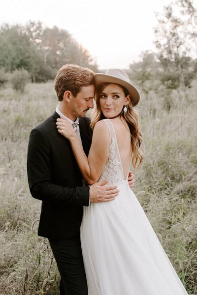 Simple V-neck Long A-line Lace Tulle Wedding Dresses, Country Wedding Dresses, Long Wedding Dresses