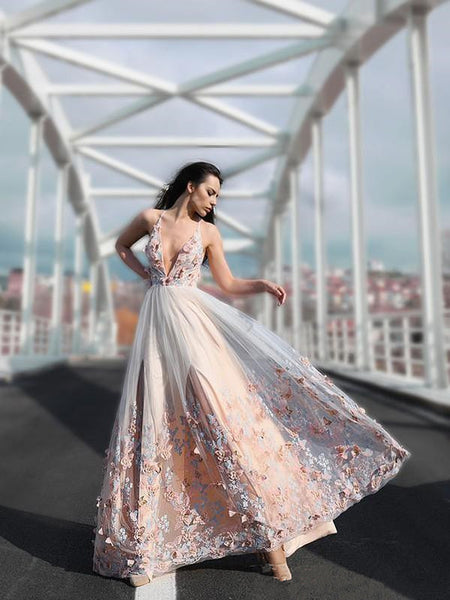Deep V-neck Floral Long A-line Prom Dresses, Lovely Colorful Prom Dresses, 2021 Prom Dresses