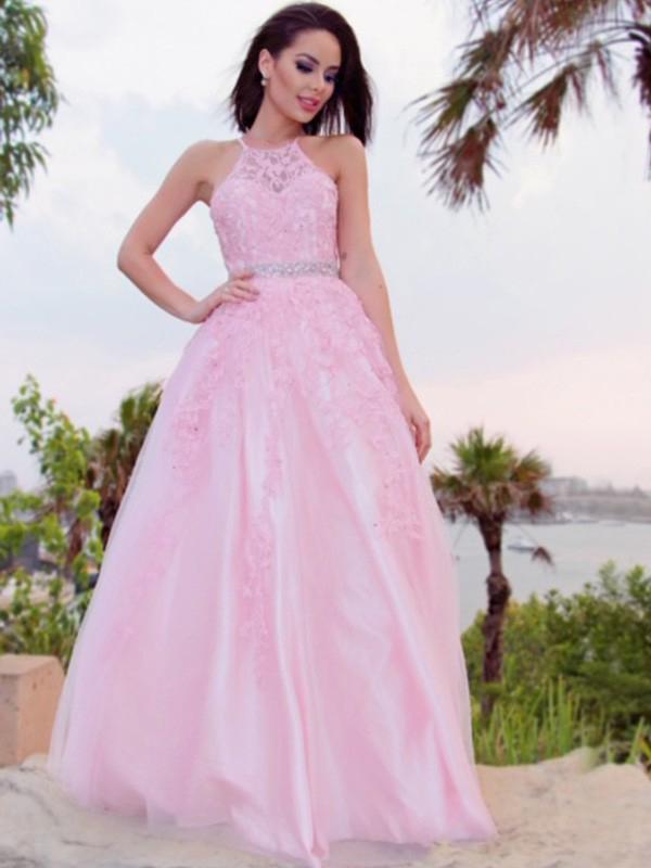 Halter Long A-line Pink Lace Beaded Waist Prom Dresses, Popular 2021 Prom Dresses