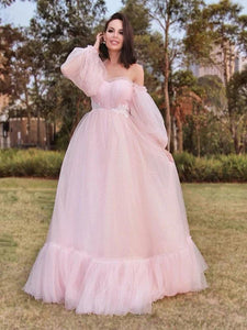 Sweetheart Pink Tulle A-line Prom Dresses, Lovely 2021 Prom Dresses, Long Prom Dresses