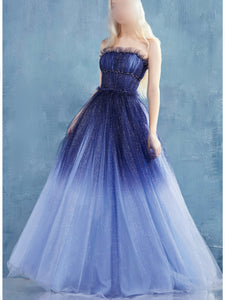 Strapless Long A-line Gradient Sequin Tulle Prom Dresses, Sparkle Prom Dresses, Long Prom Dresses