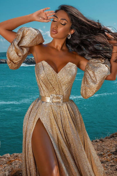 Sweetheart Long A-line Shemmering Gold Prom Dresses With Detachable Puffy Sleeves, Side Slit Prom Dresses, 2023 Prom Dresses