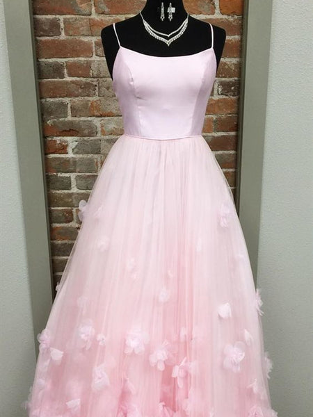 Light Pink Satin Tulle Prom Dresses, 3D Floral Prom Dresses, Popular 2020 Prom Dresses