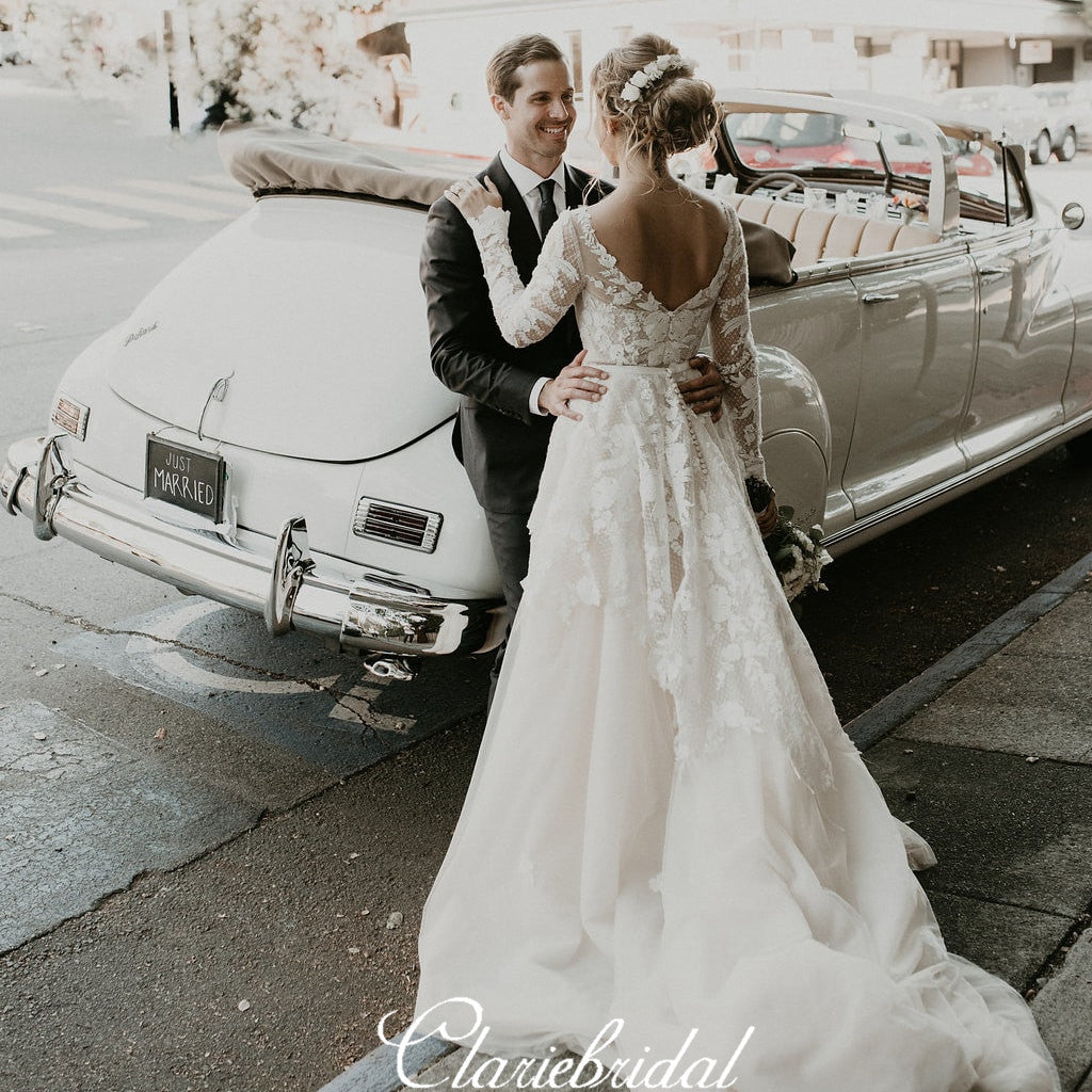 Long Sleeves A-line Lace Tulle Country Wedding Dresses ClaireBridal Long Sleeves A-line Lace Tulle Country Wedding Dresses ClaireBridal