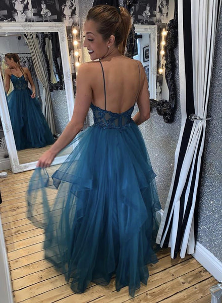 Spaghetti Long A-line Lace Tulle Prom Dresses, Long Prom Dresses, Popular Prom Dresses