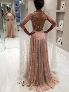 Open Back Tulle Beaded Long Prom Dresses, Unique Modest Prom Dresses