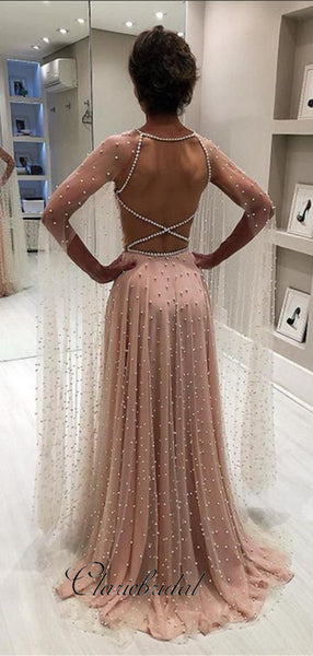 Open Back Tulle Beaded Long Prom Dresses, Unique Modest Prom Dresses