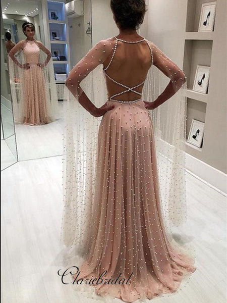 Open Back Tulle Beaded Long Prom Dresses, Unique Modest Prom Dresses