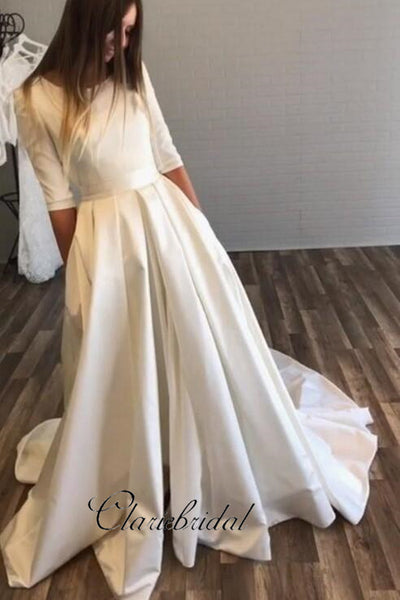 Half Sleeves Wedding Dresses with Pockets, Simple Design Satin Wedding Dresses