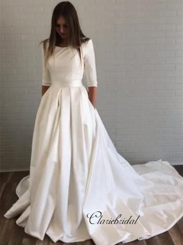 Half Sleeves Wedding Dresses with Pockets, Simple Design Satin Wedding Dresses