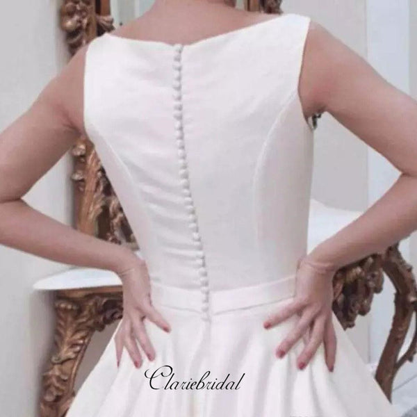 White Satin Bridal Gowns, Simple A-line Wedding Dresses, Sleeveless Wedding Dresses