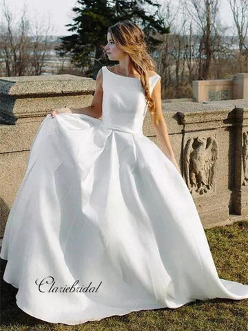 White Satin Bridal Gowns, Simple A-line Wedding Dresses, Sleeveless Wedding Dresses