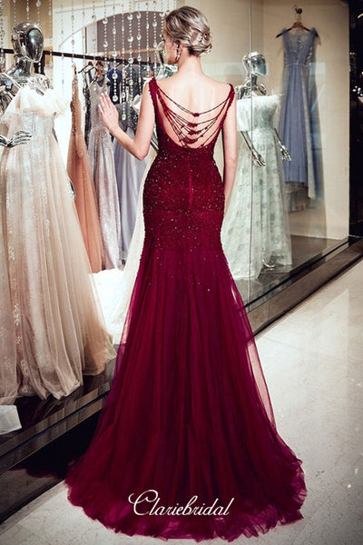Burgundy Beaded Tulle Long Prom Dresses, Mermaid Newest Prom Dresses