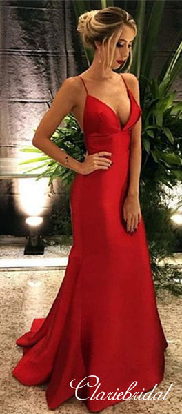 Spaghetti Strap Satin Prom Dresses Long, Cheap Prom Dresses 2019