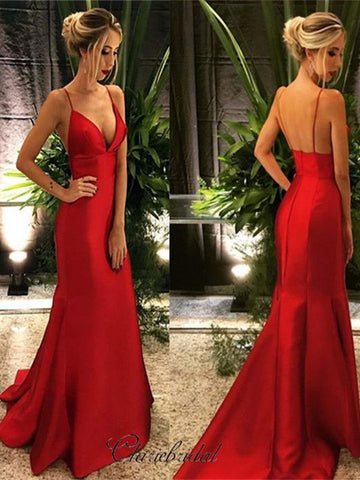 Spaghetti Strap Satin Prom Dresses Long, Cheap Prom Dresses 2019
