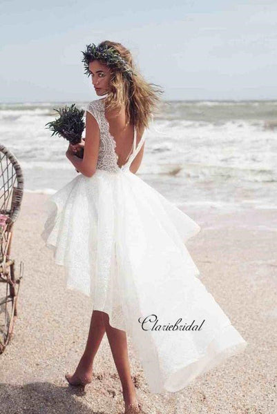 Short Lace Wedding Dress， High Low Wedding Dresses, Beach Wedding Dresses