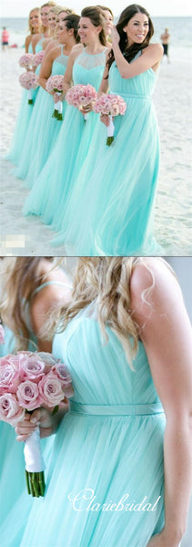 Illusion A-line Tulle Long Bridesmaid Dresses
