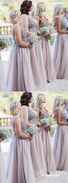 V-neck Long A-line Beaded Tulle Long Bridesmaid Dresses