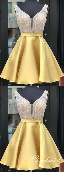 V-neck Rhinestone Beaded Satin Homecoming Dresses, Short Prom Dresses