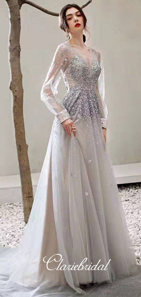 Long Sleeves Gliter Tulle Sequin Long Prom Dresses, V-neck Prom Dresses, Prom Dresses