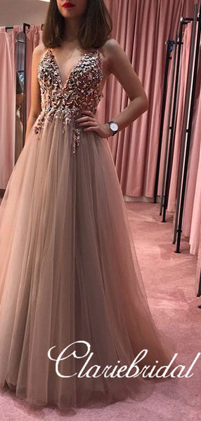 V-neck Long A-line Beaded Tulle Prom Dresses, Long Prom Dresses, New Prom Dresses