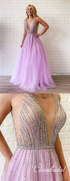 V-neck Long Prom Dresses, Purple Tulle Beaded Prom Dresses, Popular Prom Dresses