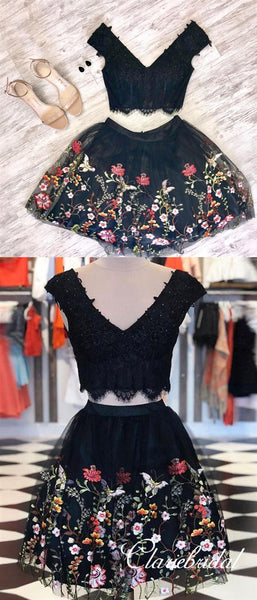 2 Pieces V-neck Black Lace Floral Tulle Homecoming Dresses ClaireBridal 2 Pieces V-neck Black Lace Floral Tulle Homecoming Dresses ClaireBridal