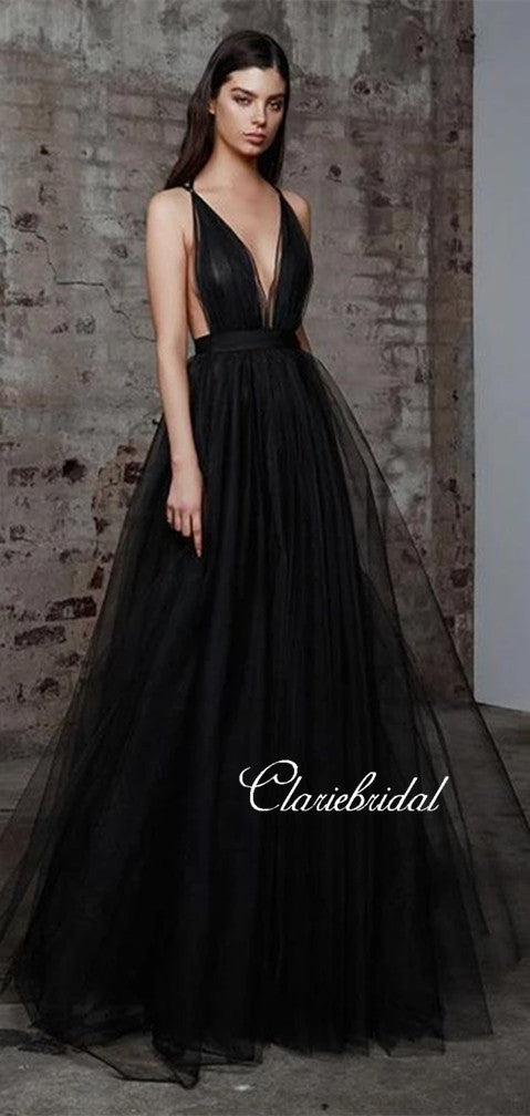 Deep V-neck Black Tulle Prom Dresses, Long A-line Prom Dresses, Chic P ClaireBridal Deep V-neck Black Tulle Prom Dresses, Long A-line Prom Dresses, Chic P ClaireBridal