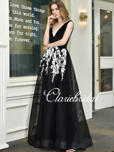 V-neck Long A-line Black Tulle Lace Prom Dresses, Simple Elegant Prom Dresses, Long Prom Dresses