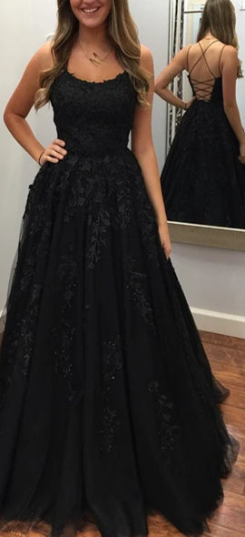 Black Lace Tulle Long Prom Dresses, Lace Up Prom Dresses, Popular 2020 Prom Dresses