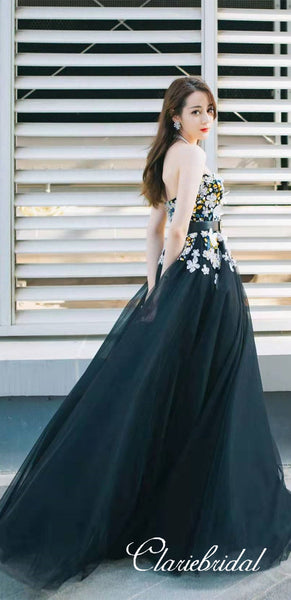 Sweetheart Long A-line Black Tulle Floral Prom Dresses, Appliques Prom Dresses, Newest Prom Dresses