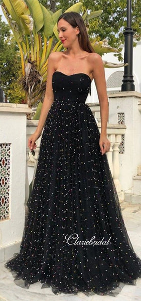 Sweetheart Long A-line Black Tulle Beaded Prom Dresses, Chic Long Prom Dresses, 2020 Prom Dresses